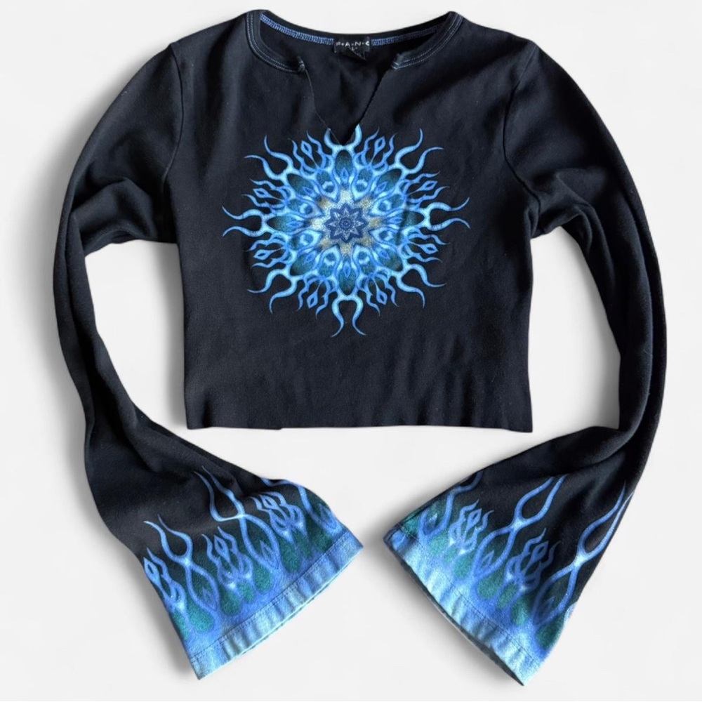 FANG Black Crop Top with Blue Flame Sun Graphic
